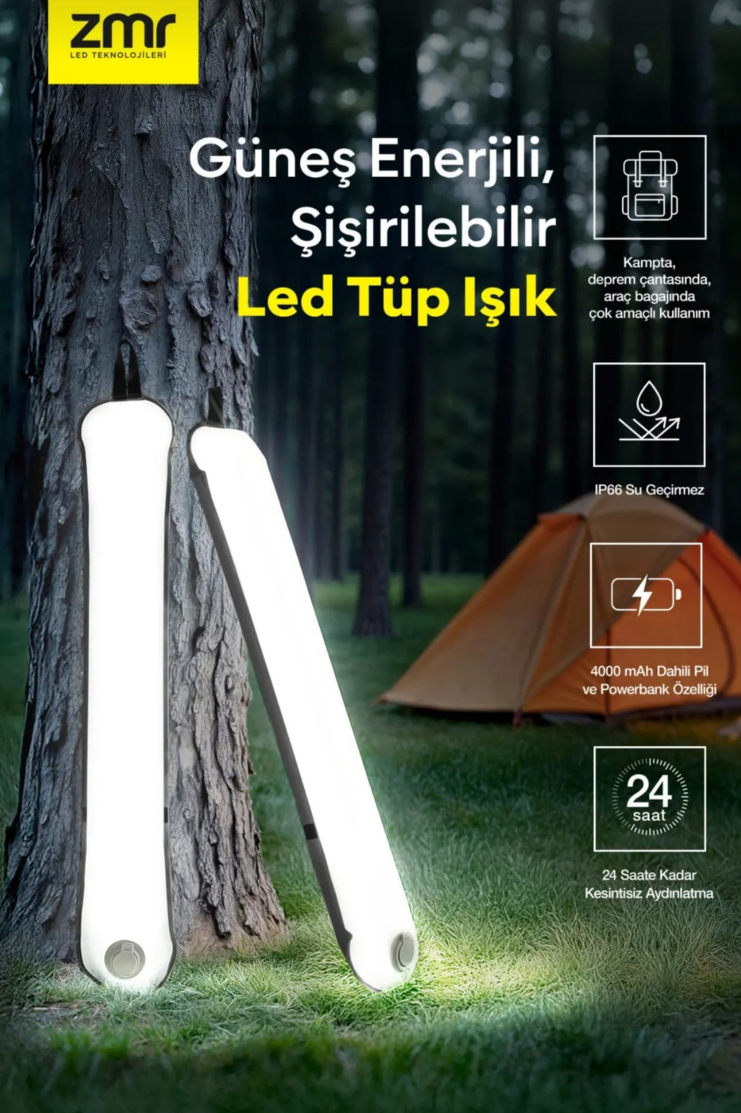 ZMR Light Tube Led Güneş Enerjili Şişirilebilir Tüp Işık 4000mAh Outdoor 24 saat Kamp & Acil Durum Işığı