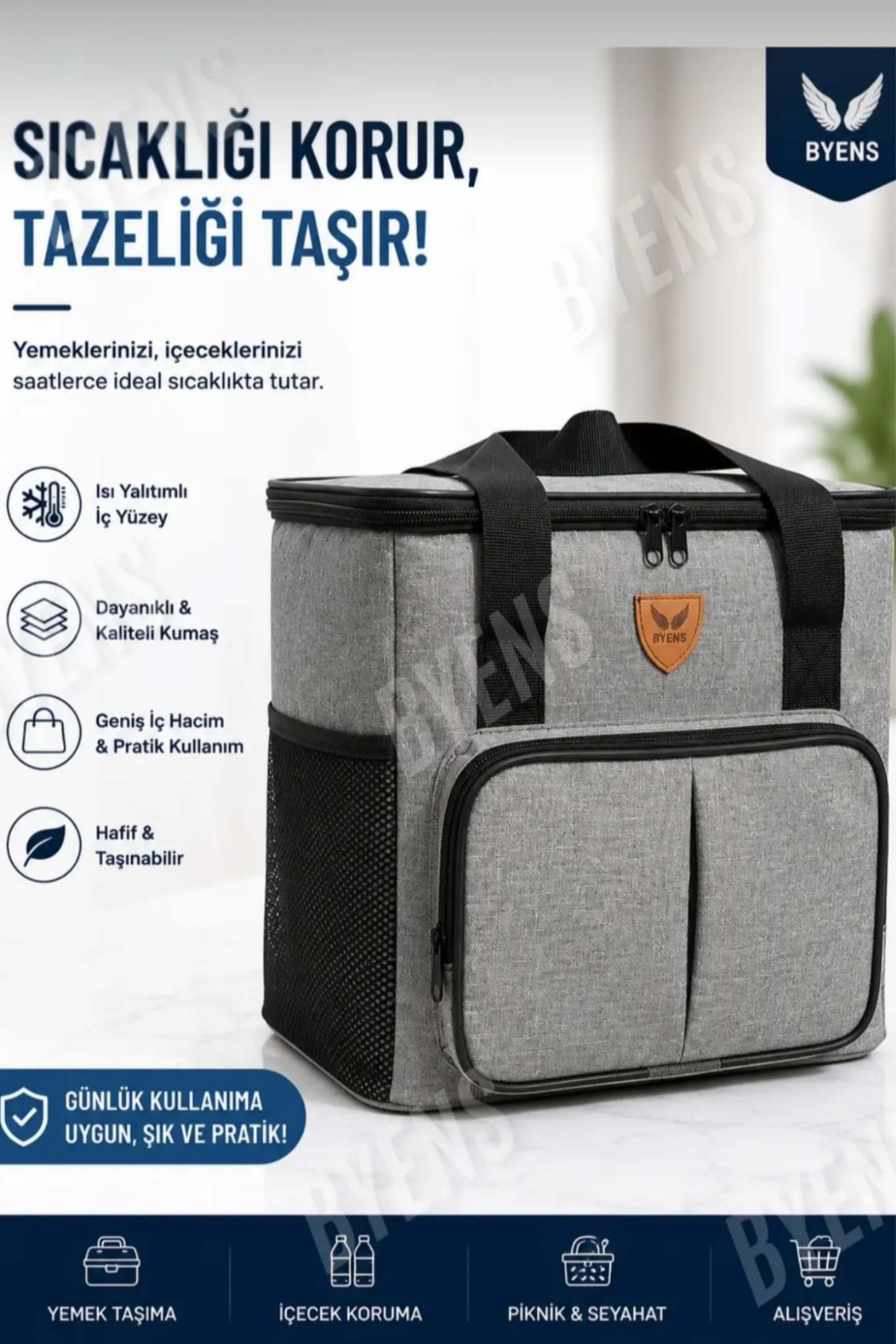 BYENS 35 Litre Termal Buzluk Çanta Piknik Yemek Taşıma Çantası Soğutucu Isı Yalıtımlı Soğuk Tutan Çanta