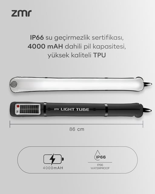 ZMR Light Tube Led Güneş Enerjili Şişirilebilir Tüp Işık 4000mAh Outdoor 24 saat Kamp & Acil Durum Işığı